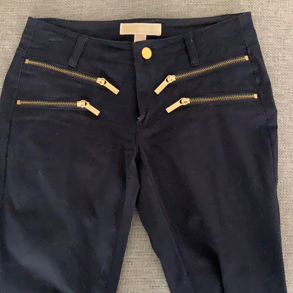Michael Kors Navy Skinny Pants with Gold accent zippers
